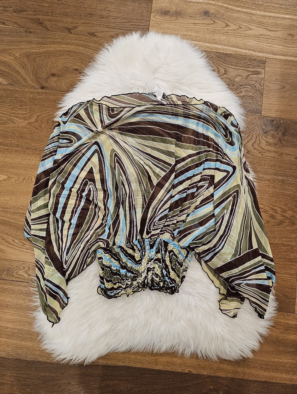 Vintage Print Batwing Crop Top in Brown, Olive & Blue